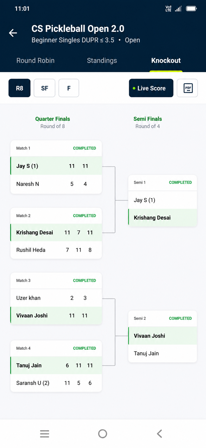 BASCH app — Knockout bracket with live scores and match results