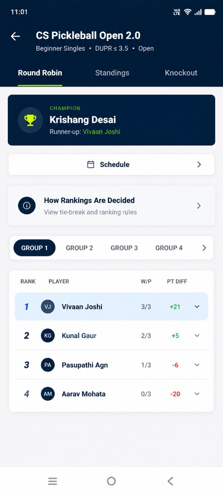 BASCH app — Tournament standings with champion and group rankings